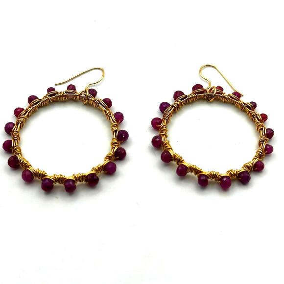 garnet-wire-weaved-hoops.jpg?  Artisan Wire Wrapped Gold tone Garnet Bead Hoop Earring Pierced Beaded
